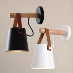 Applique murale LED nordique en bois et cuir, lampe suspendue moderne