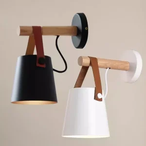 Applique murale LED nordique en bois et cuir, lampe suspendue moderne
