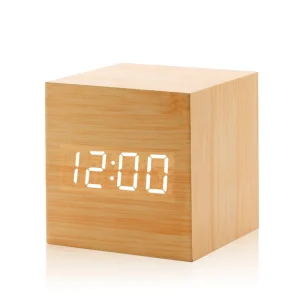 Réveil numérique en bois LED, affichage température et date, 3 alarmes