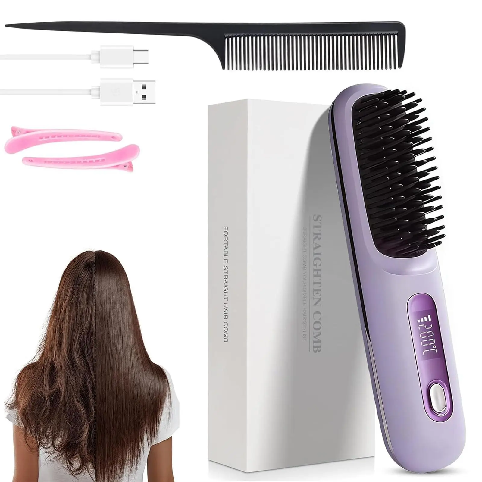 Brosse Lissante Portable Sans Fil avec Écran LCD
