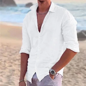 Chemise Homme Manches Longues Polo Lin Coton Vacances Streetwear