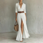 Robe longue chemise blanche fendue boutonnée ceinture coton lin été élégante