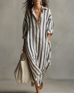 Robe Longue Femme Rayée Fluide Col Revers Chic Décontractée