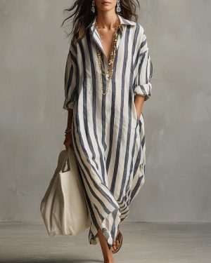 Robe Longue Femme Rayée Fluide Col Revers Chic Décontractée