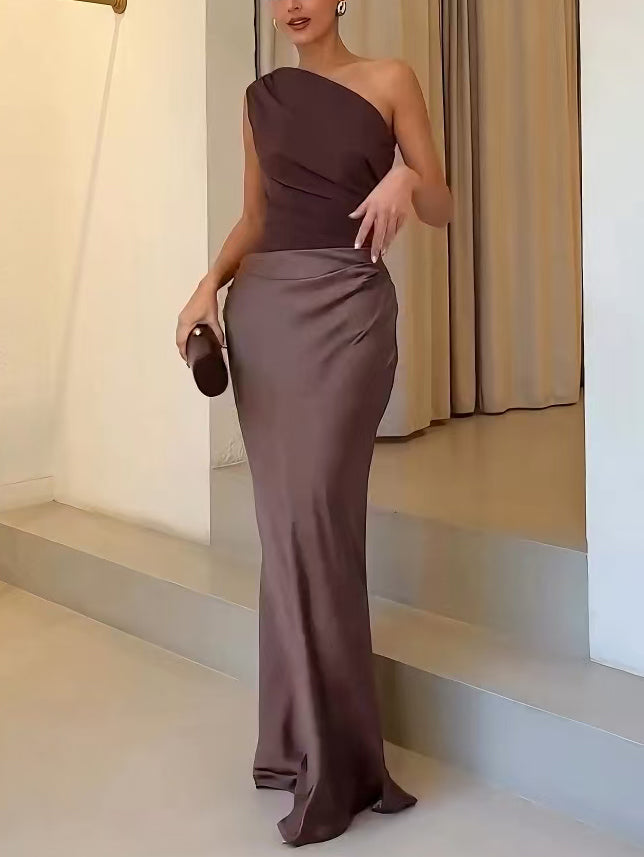 Robe maxi de fête plissée une épaule chic femme – Image 7