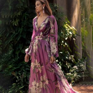 Robe longue fleurie femme col V style décontracté chic