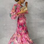 Robe longue florale portefeuille femme manches longues chic
