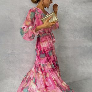 Robe longue florale portefeuille femme manches longues chic