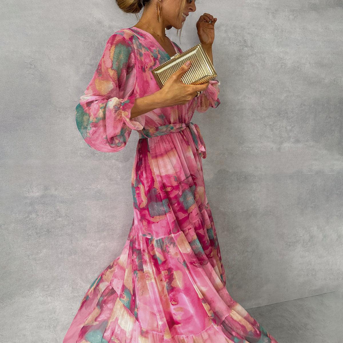 Robe longue florale portefeuille femme manches longues chic