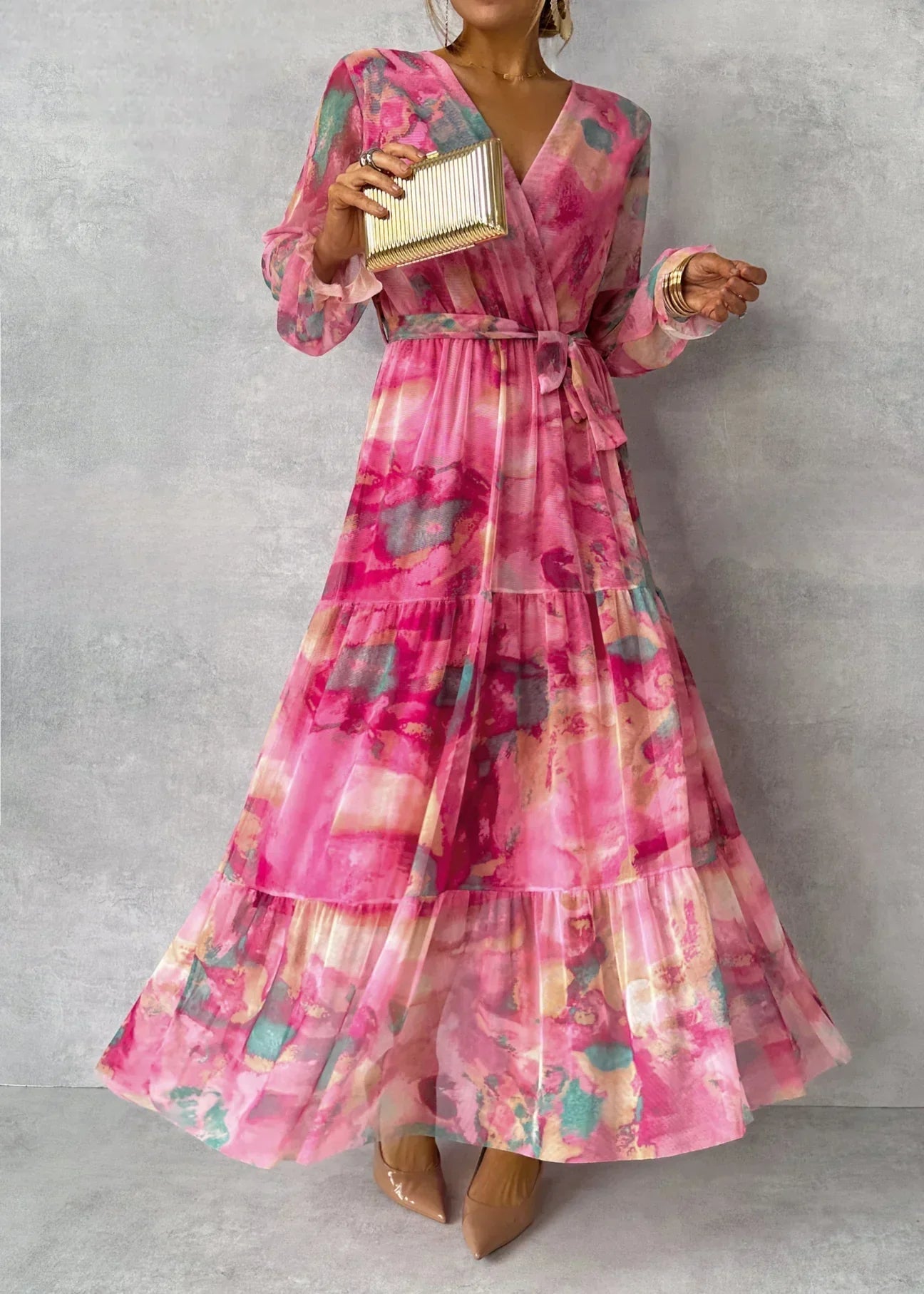 Robe longue florale portefeuille femme manches longues chic – Image 3