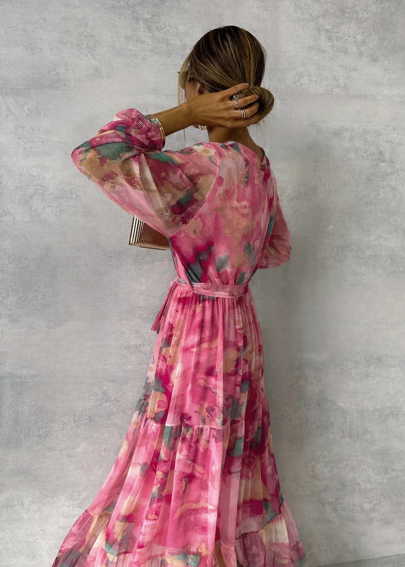 Robe longue florale portefeuille femme manches longues chic – Image 4