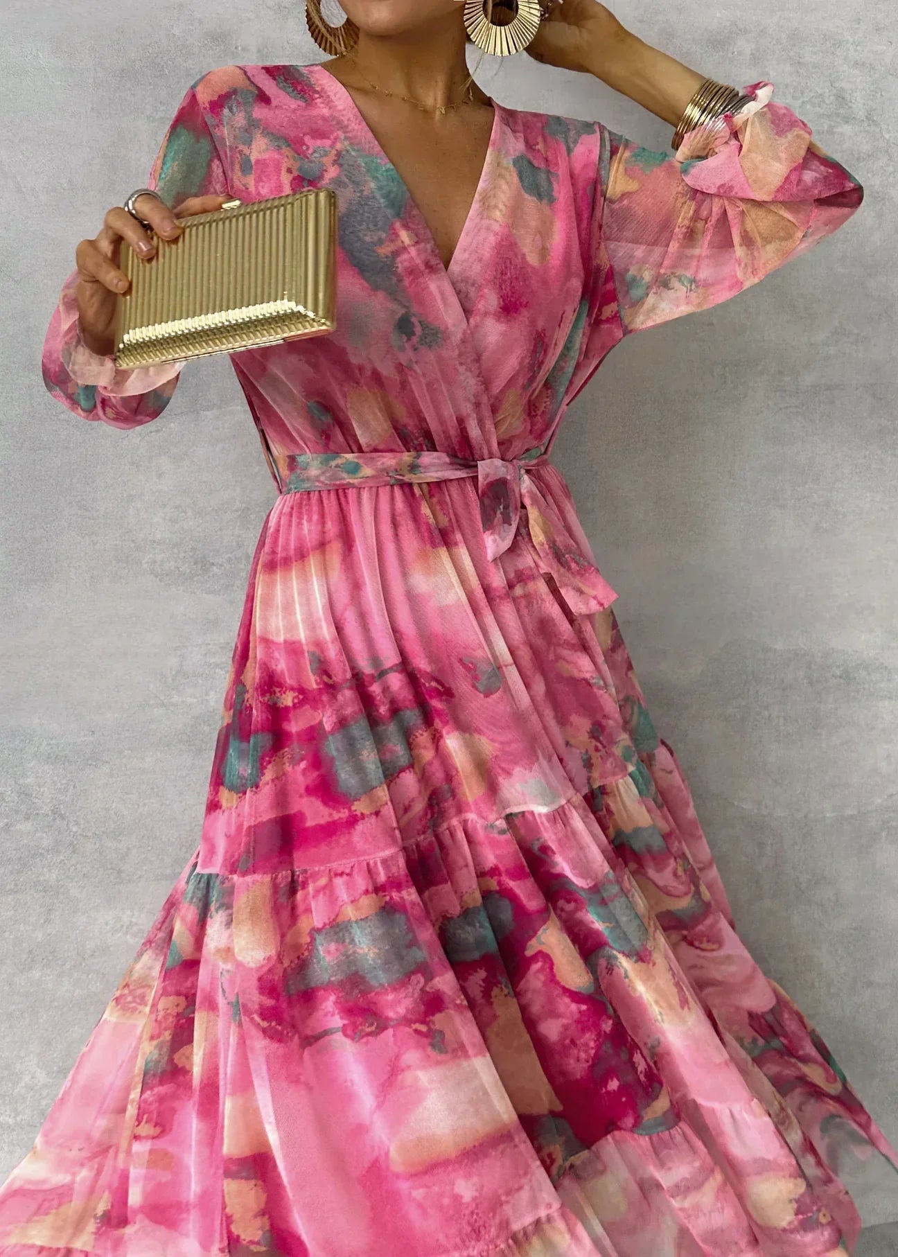 Robe longue florale portefeuille femme manches longues chic – Image 5