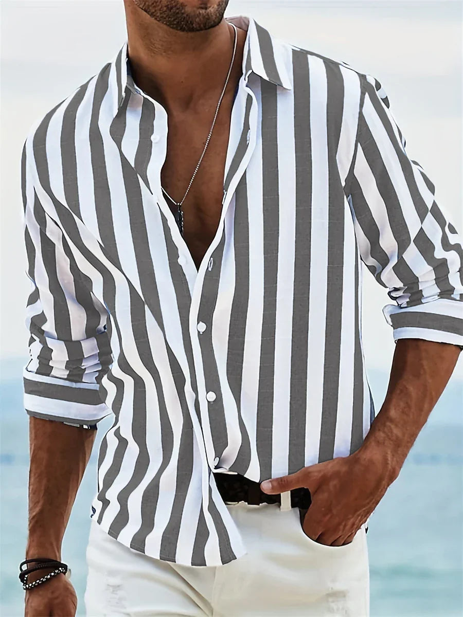 Chemise Homme Lin Coton Été – Motif Rayures Décontracté – Image 6
