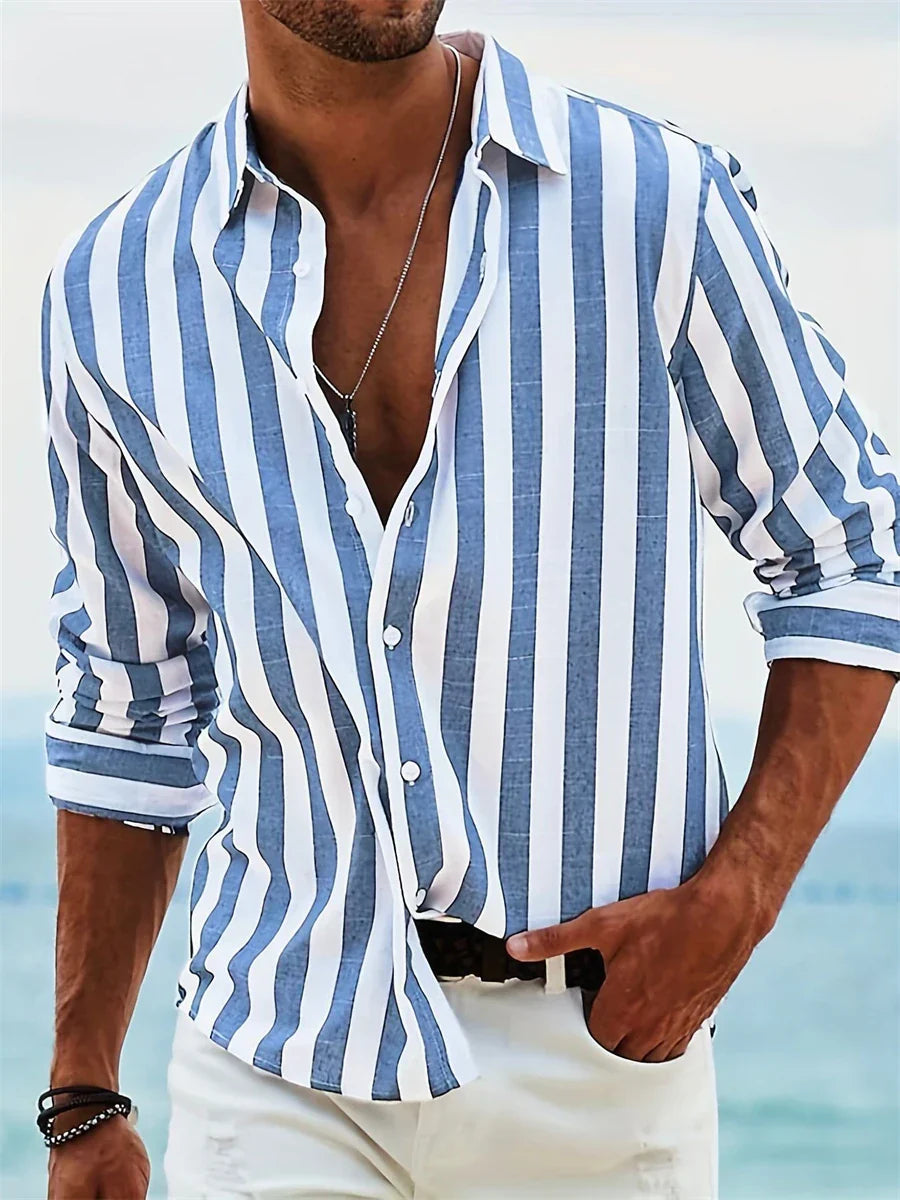 Chemise Homme Lin Coton Été – Motif Rayures Décontracté – Image 4
