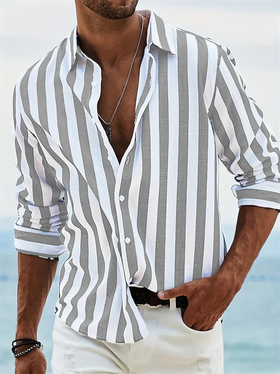 Chemise Homme Lin Coton Été – Motif Rayures Décontracté – Image 3