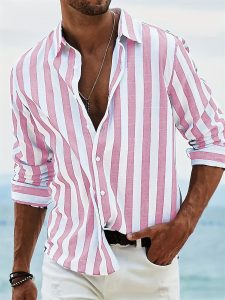 Chemise Homme Lin Coton Été – Motif Rayures Décontracté