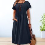 Robe mi-longue femme unie col O manches courtes chic