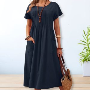 Robe mi-longue femme unie col O manches courtes chic