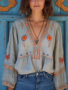 Blouse Femme Coton Broderie Manches Longues Été Chic