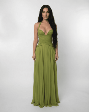 Robe longue soirée dentelle plissée vert olive