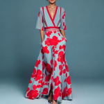 Robe longue élégante imprimé floral col V ceinture taille soirée
