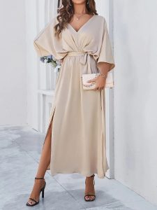 Robe Longue Fluide Femme Col V Polyester Printemps