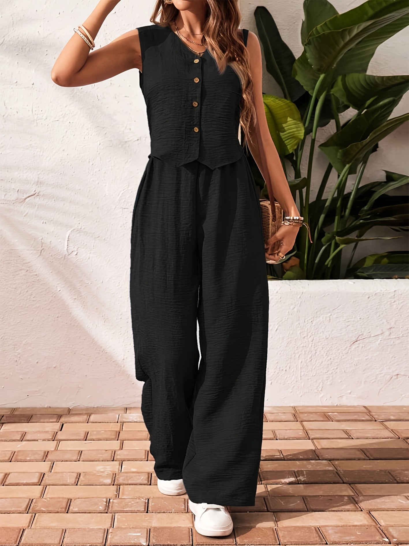 Ensemble fluide femme pantalon large gilet sans manches été – Image 9