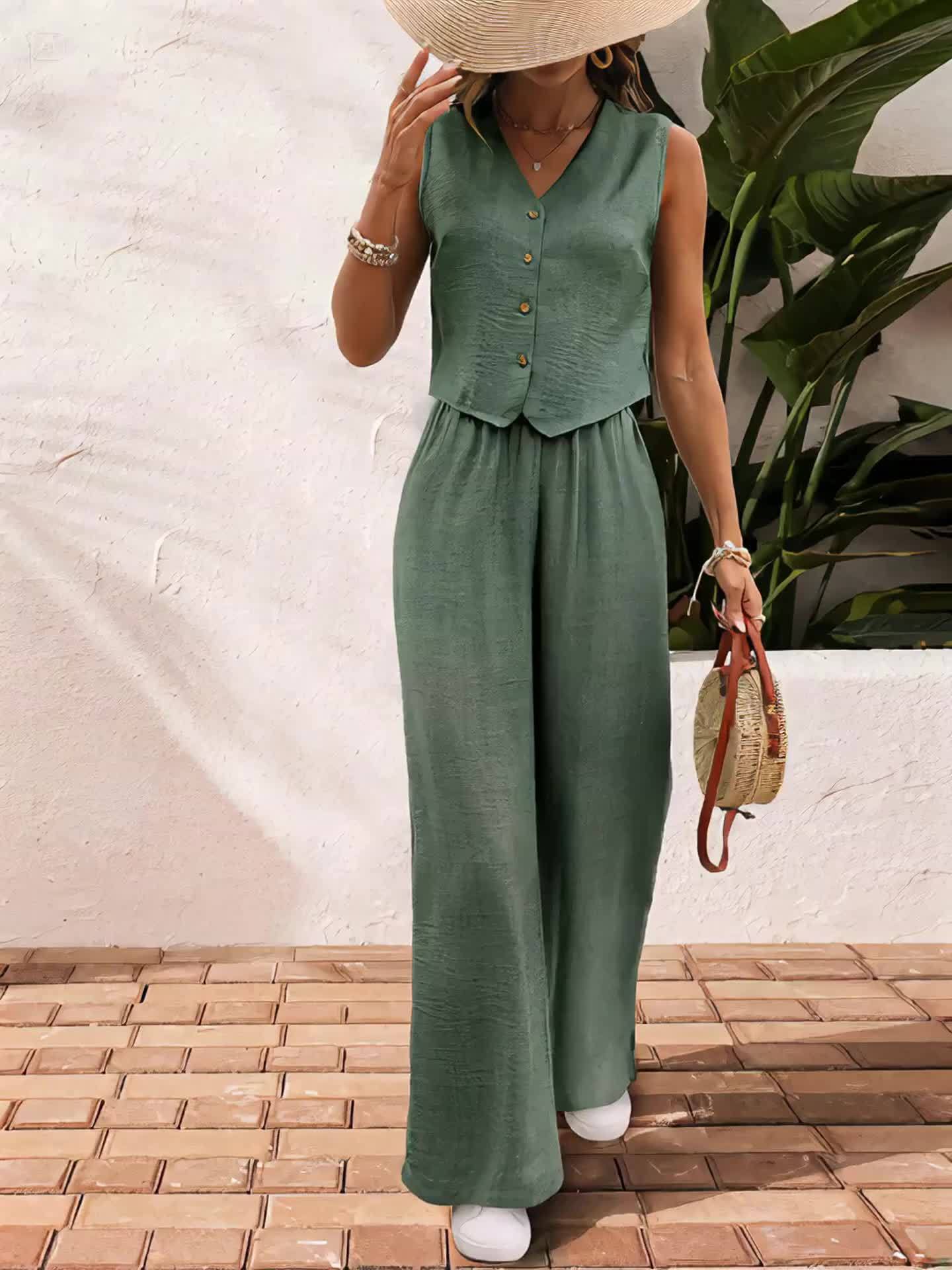 Ensemble fluide femme pantalon large gilet sans manches été – Image 16