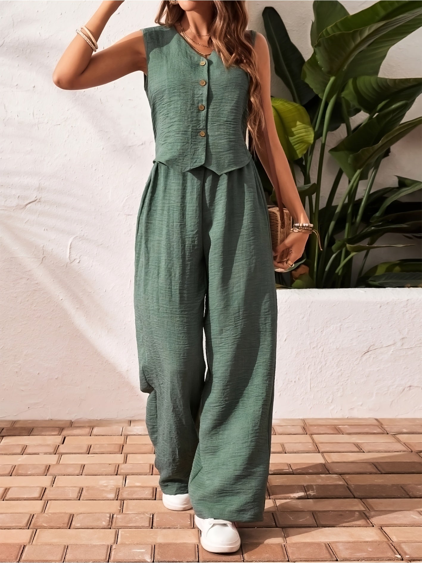 Ensemble fluide femme pantalon large gilet sans manches été