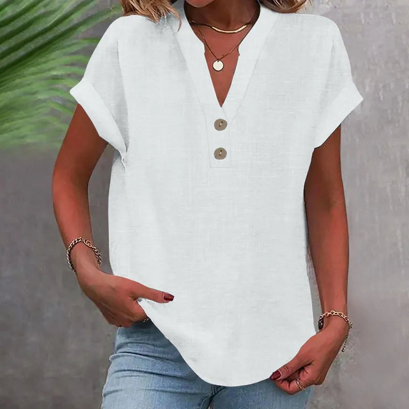 Chemisier femme col V lin look – Haut d'été ample décontracté – Image 12