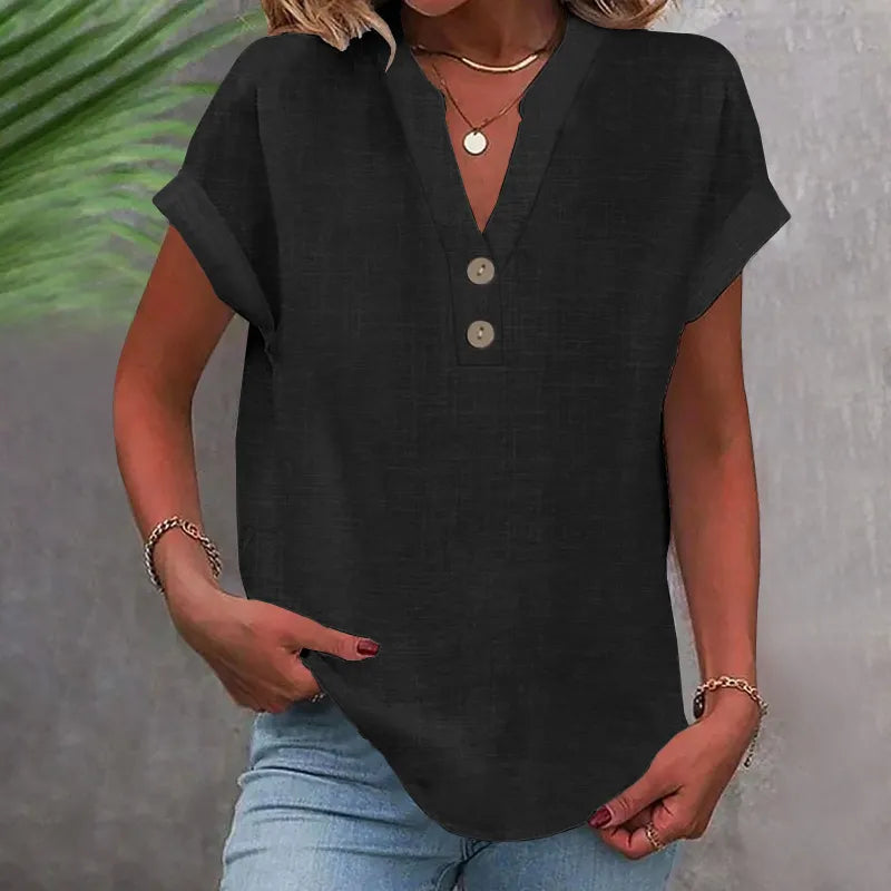 Chemisier femme col V lin look – Haut d'été ample décontracté – Image 3