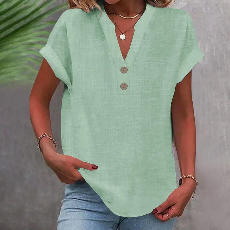Chemisier femme col V lin look – Haut d'été ample décontracté – Image 5