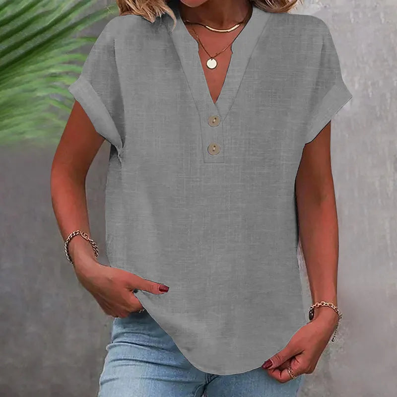 Chemisier femme col V lin look – Haut d'été ample décontracté – Image 4