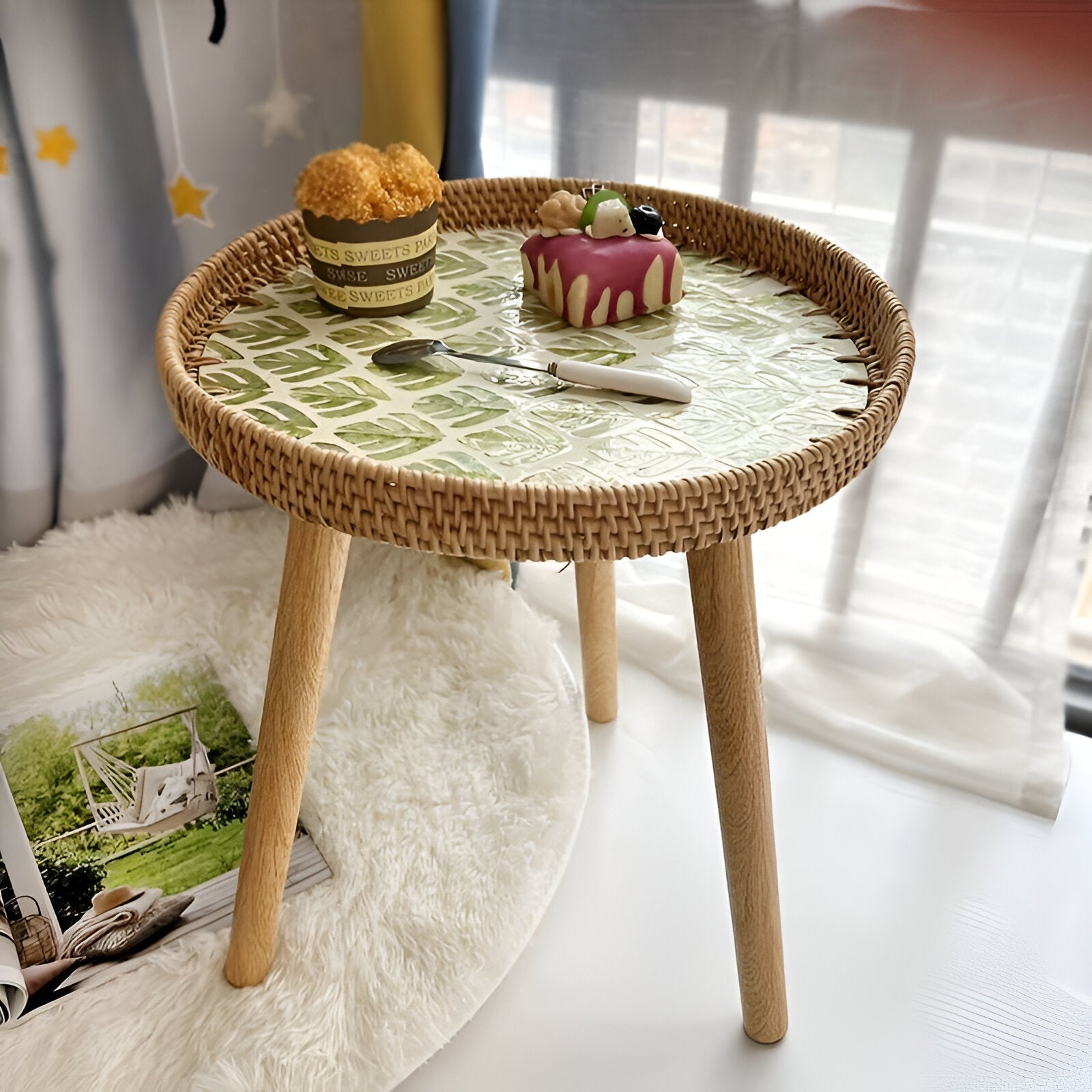Table Basse Rotin Bois Massif Salon Design Nordique – Image 10