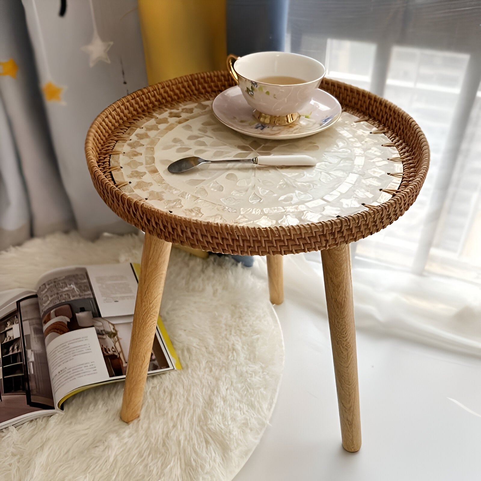 Table Basse Rotin Bois Massif Salon Design Nordique – Image 8