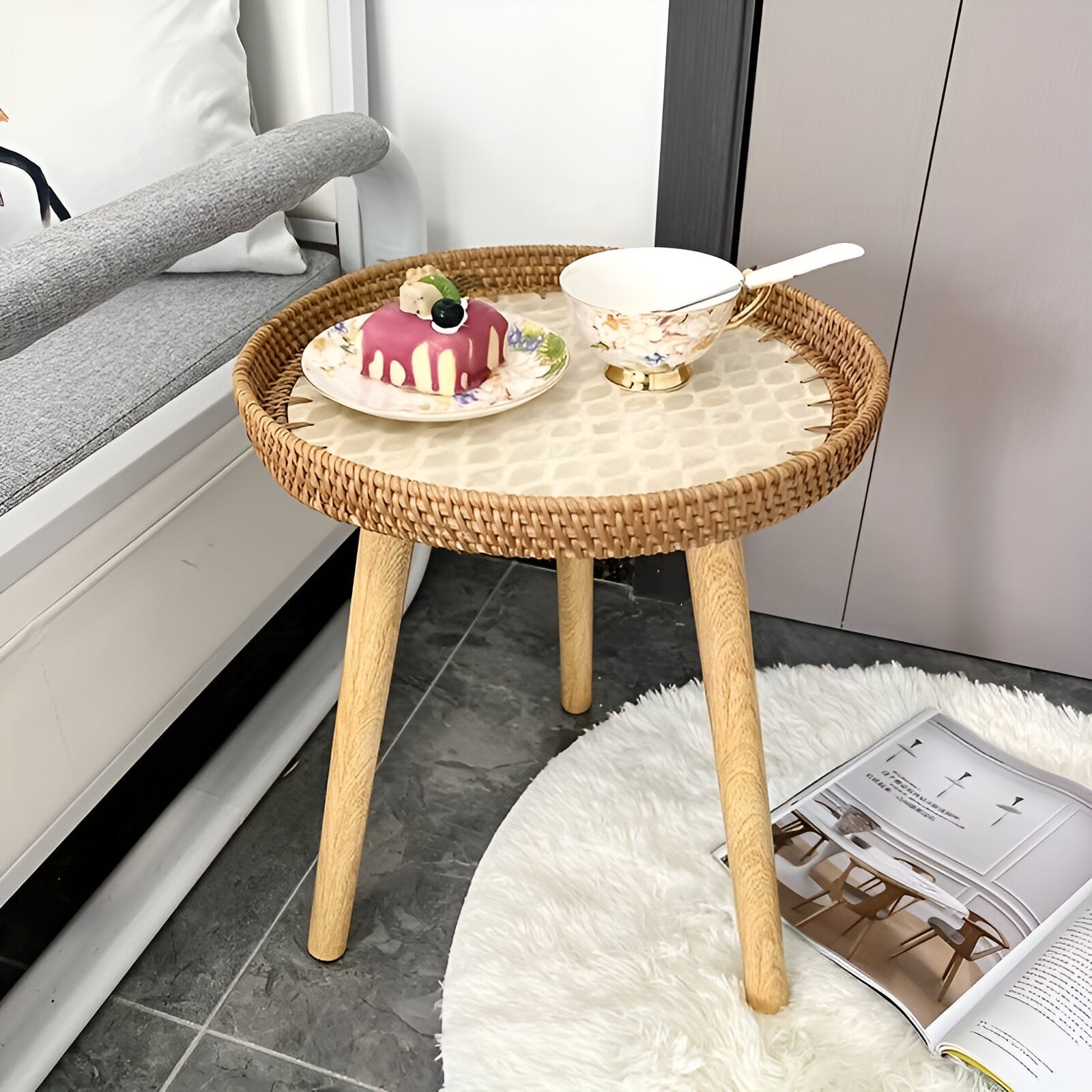 Table Basse Rotin Bois Massif Salon Design Nordique – Image 9
