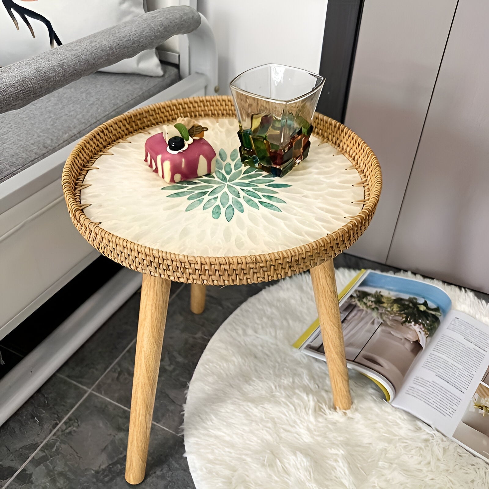 Table Basse Rotin Bois Massif Salon Design Nordique – Image 7