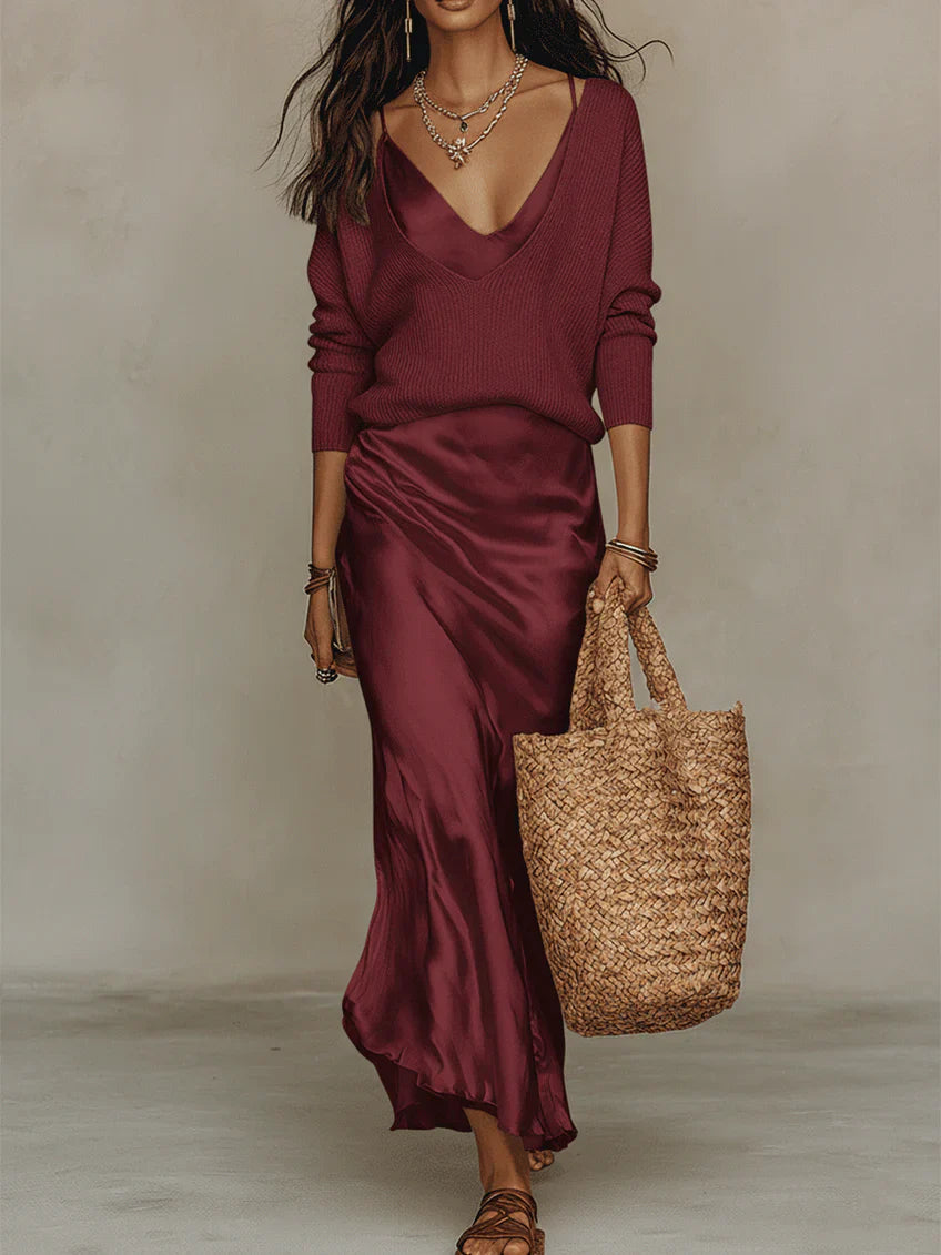 Robe Midi Satin Femme Ensemble Pull Chic Soirée Casual – Image 8