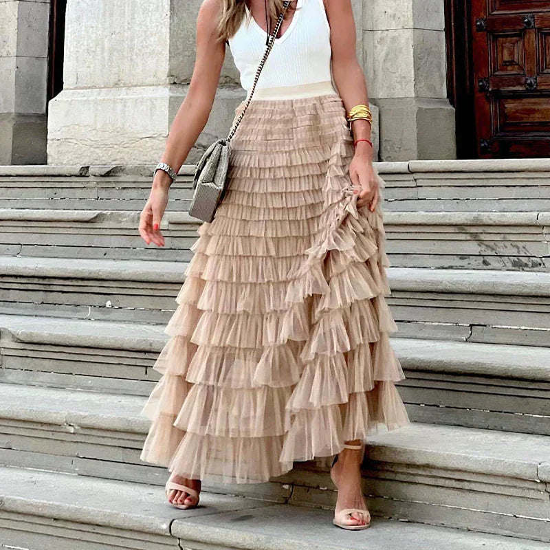 Jupe fluide tulle plissée taille haute élégante – Image 5