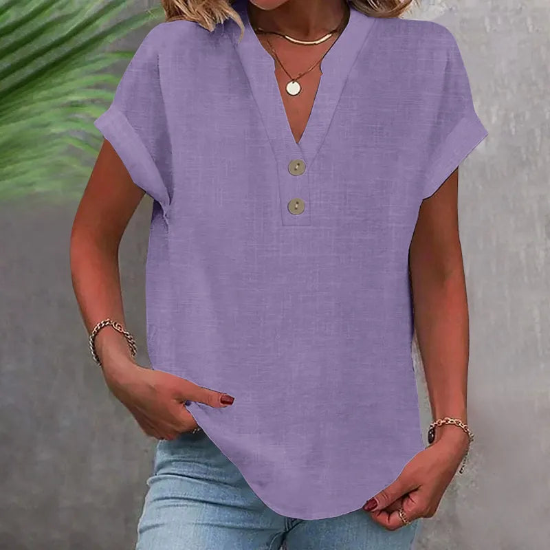 Chemisier femme col V lin look – Haut d'été ample décontracté – Image 6