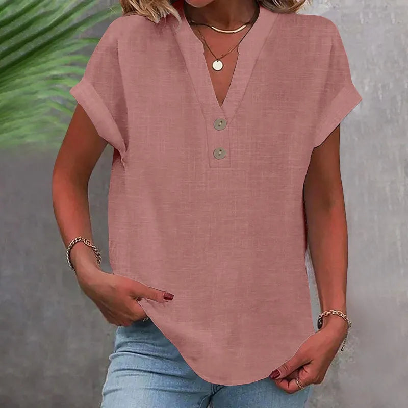 Chemisier femme col V lin look – Haut d'été ample décontracté – Image 8