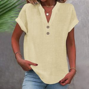 Chemisier femme col V lin look – Haut d'été ample décontracté