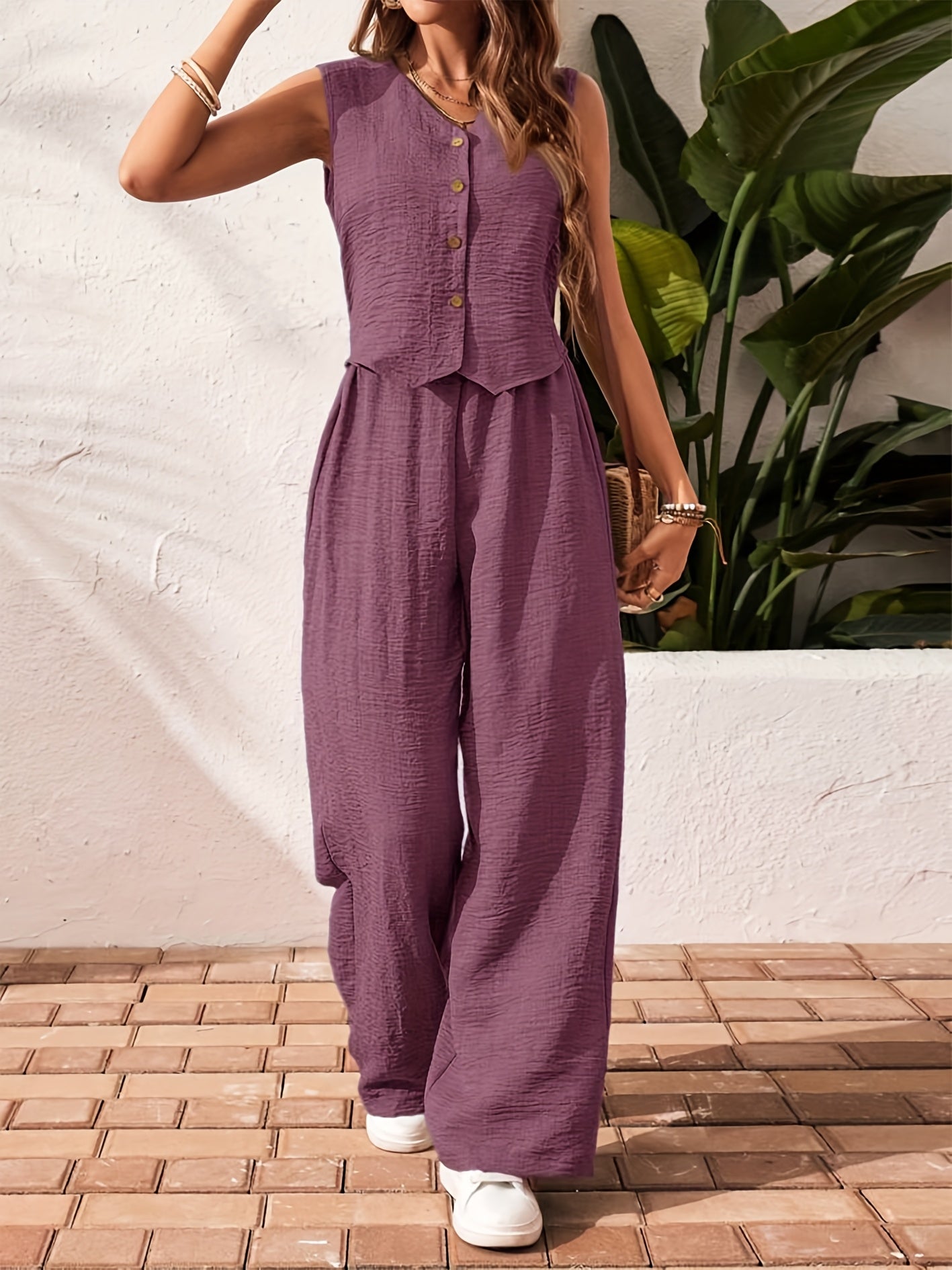Ensemble fluide femme pantalon large gilet sans manches été – Image 8