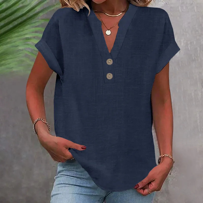 Chemisier femme col V lin look – Haut d'été ample décontracté – Image 7