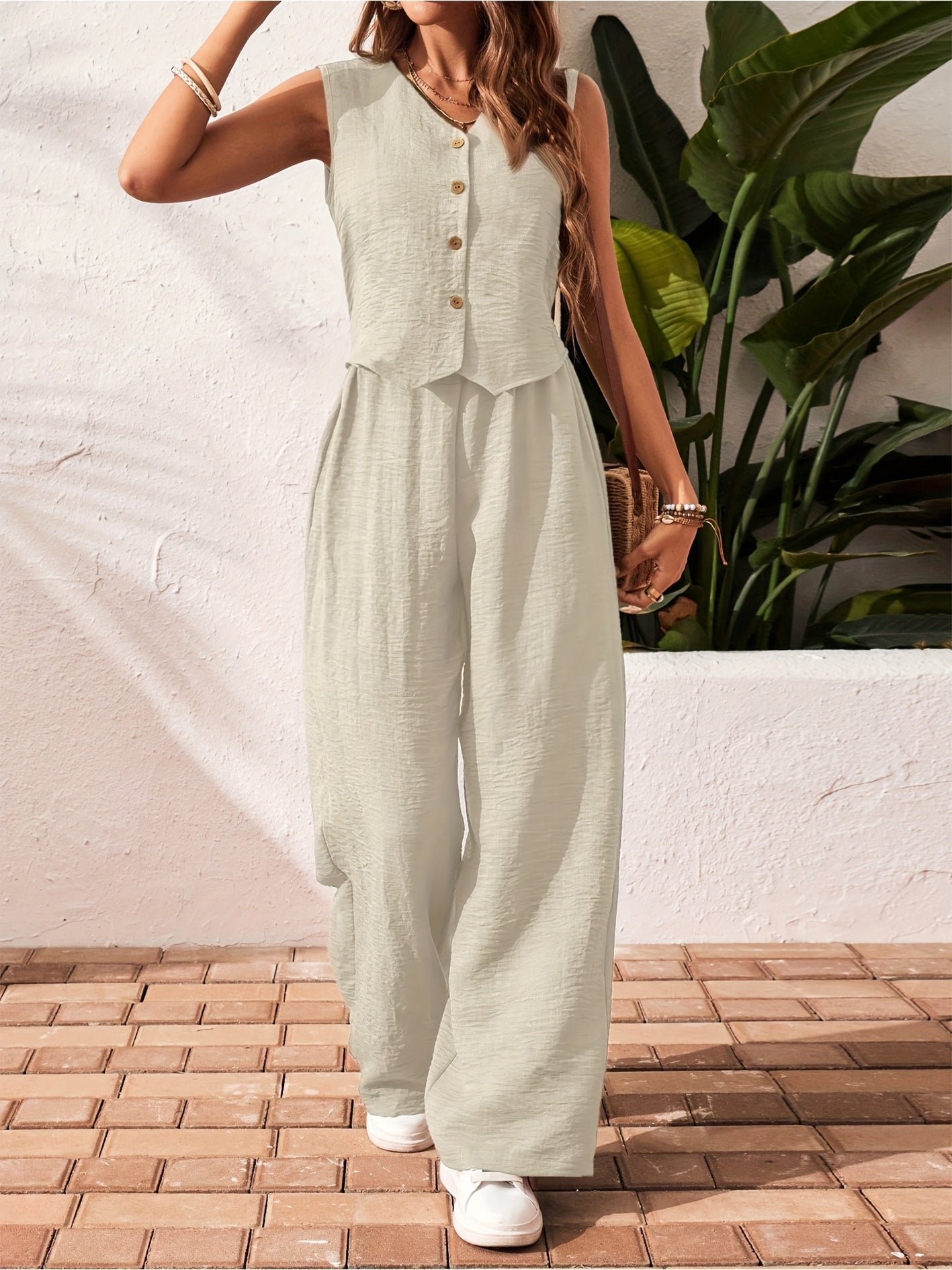 Ensemble fluide femme pantalon large gilet sans manches été – Image 10