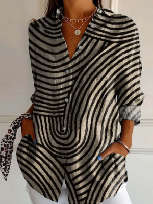 Haut Femme Motif Ondulé Boutonné Manches Retroussables