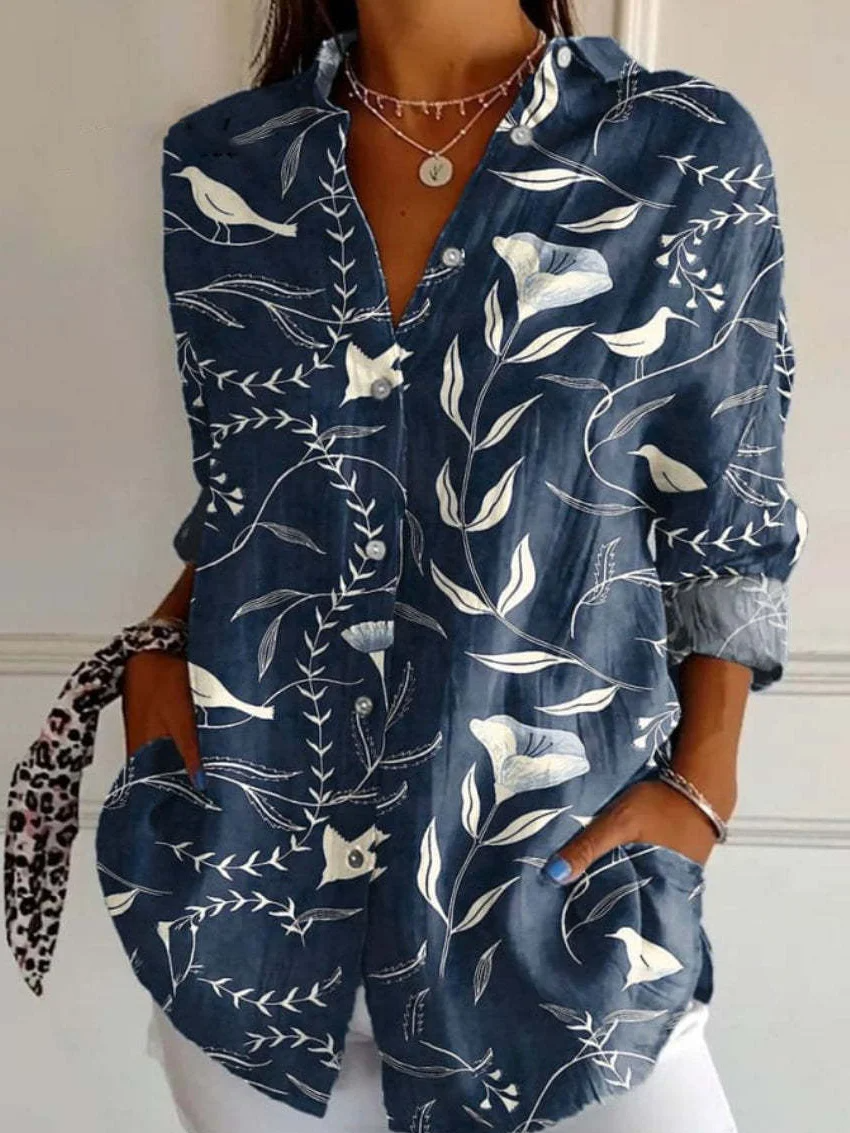 Haut Femme Motif Ondulé Boutonné Manches Retroussables – Image 2