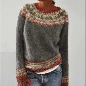 Pull femme jacquard empiècement col rond maille douce