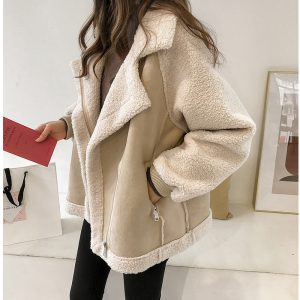 Manteau femme fausse fourrure pelucheuse col rabattu